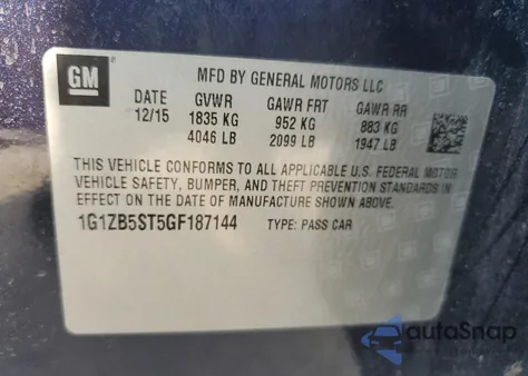 2016 Chevrolet Malibu Ls из США, поврежденный, VIN 1G1ZB5ST5GF187144